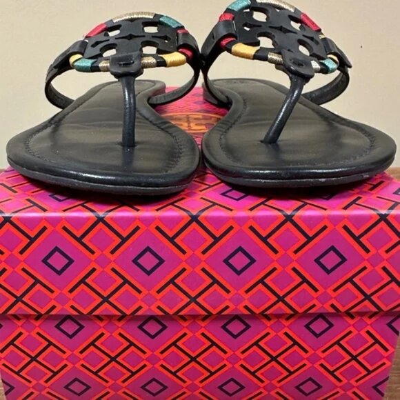 TORY BURCH 'MILLER' LEATHER THONG SANDALS EMBROIDERED W/'TB' BOX - Picture 4 of 16